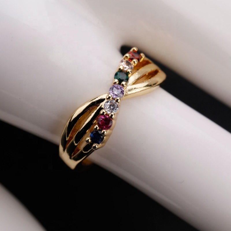 18K Gold Plating Fashion Jewelry Multi CZ Micro Pave Adjustable Baguette Stone Wave Finger Ring For Girl