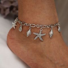 Summer Beach Sea Accessories Silver Anklet Starfish Shell Conch Pendant Bead Anklet For Women