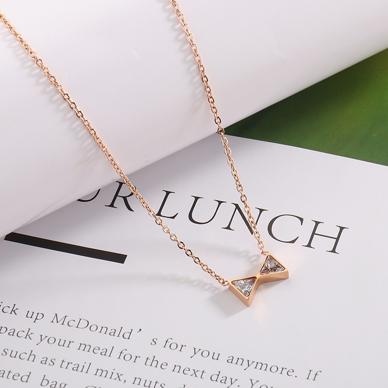 Cute Simple Micro Insert Bow Necklace Zirconium Titanium Steel Necklace with Chain