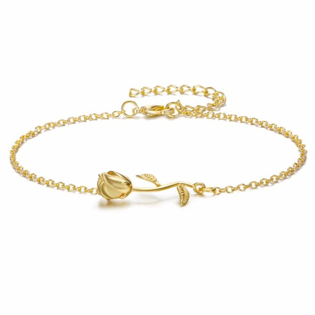 Summer Beach Rose Flower Charm Custom 24k Gold Plated Handmade Chain Anklet For Women