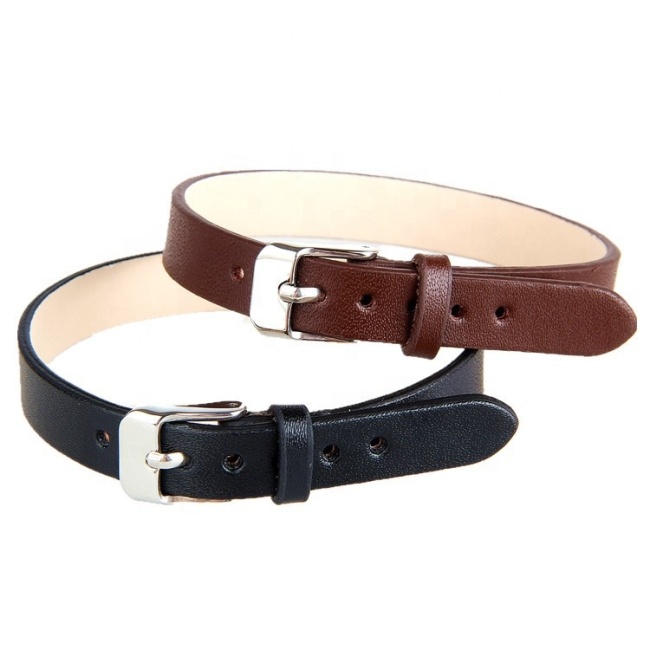 1CM Width Men and Women Silver Plated Stainless Steel Clasp Real Genuine Black and Brown Leather Bracelet for Wholesale