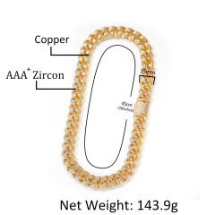 15mm wide heavy iced out bling diamond curb gold plated brass Cuban link chain hip hop chain necklace for men