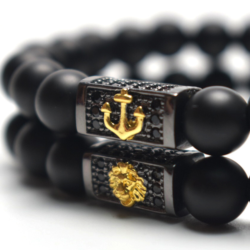 Wholesale Custom Handmade Designer CZ Gold Lion Crown Natural Stone Lucky Charm Jewelry Beaded Bracelet For Men