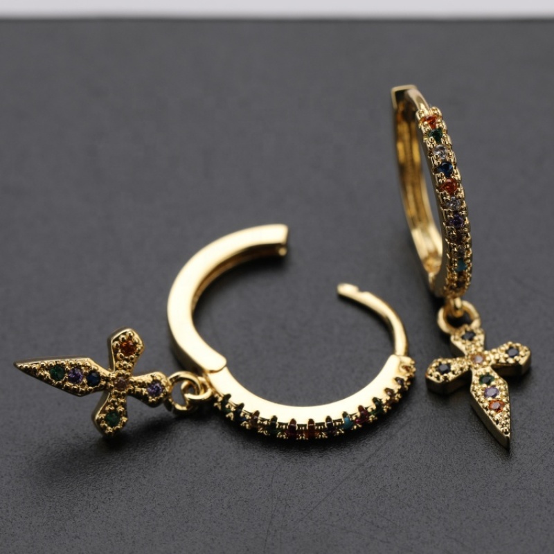 Custom Wholesale Women Ins Fashion Accessories Handmade Gold Plated Zircon Cross Crucifix Design Jewelry Pendant Hoop Earrings