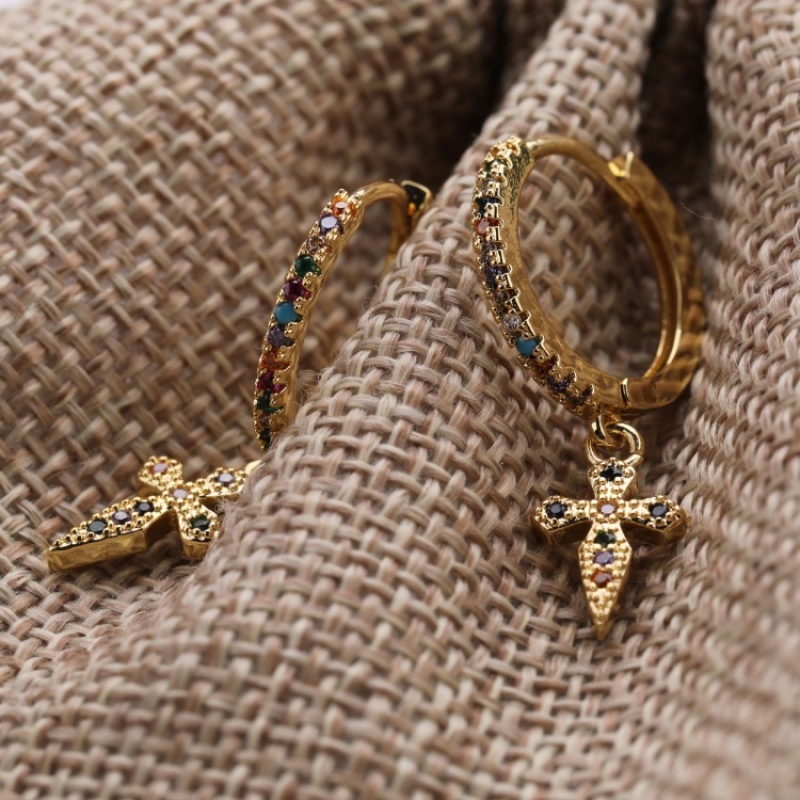 Custom Wholesale Women Ins Fashion Accessories Handmade Gold Plated Zircon Cross Crucifix Design Jewelry Pendant Hoop Earrings