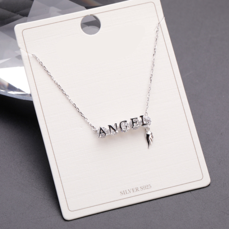 Real S925 Sterling Silver Angel Pendant Necklace Round Crystal Zircon Necklace with Wing Charm