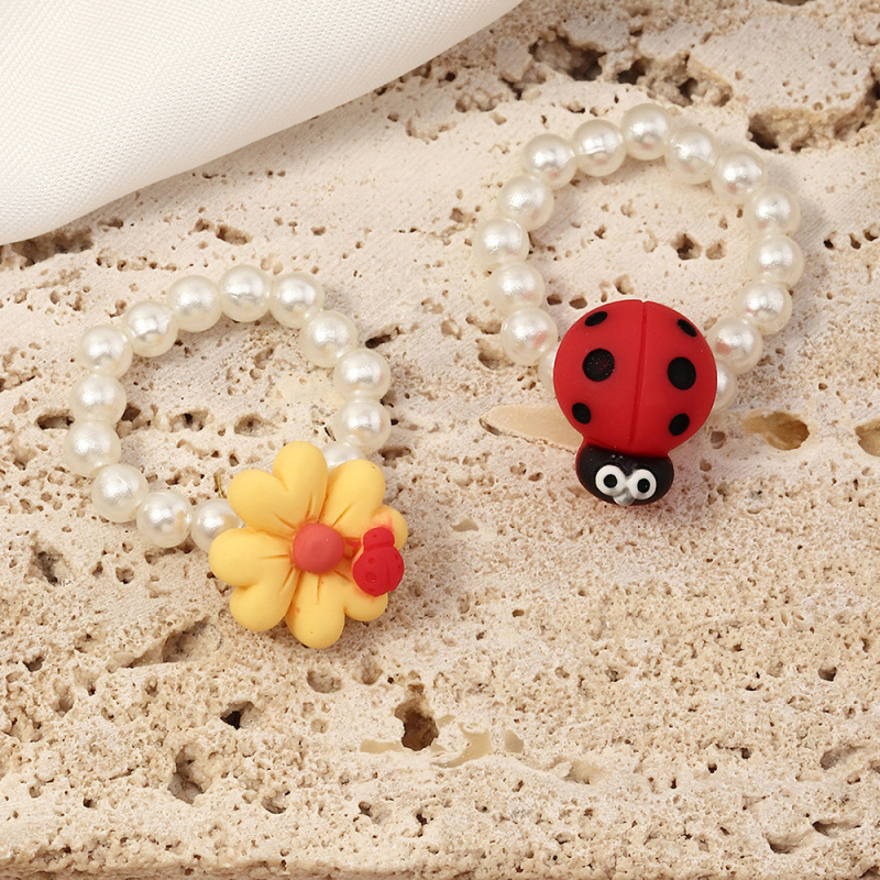 Charm cartoon pearl ring jewelry polymer clay rabbit flower ladybird ring for elegant women