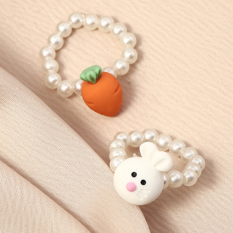 Charm cartoon pearl ring jewelry polymer clay rabbit flower ladybird ring for elegant women