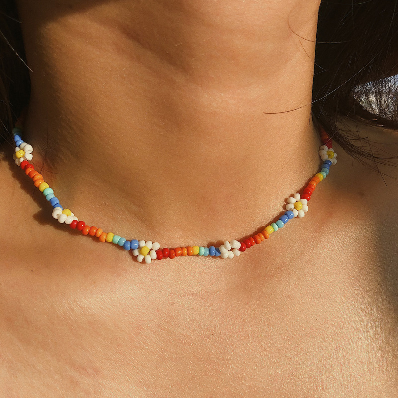 2021 Trendy Colorful Bohemian Chain Jewelry Bulk Handmade Boho Flower Miyuki Seed Beads Necklace for Women