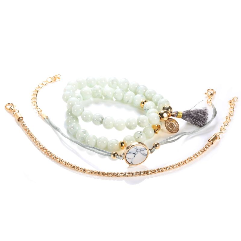 4 Pcs /et Handmade Metal Heart Round Plated Turquoise Stack Tassel Bead Bracelet Set With Tassel