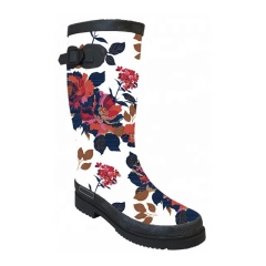 Womens Flower Printing Knee High Rubber Wellington Rain Boots