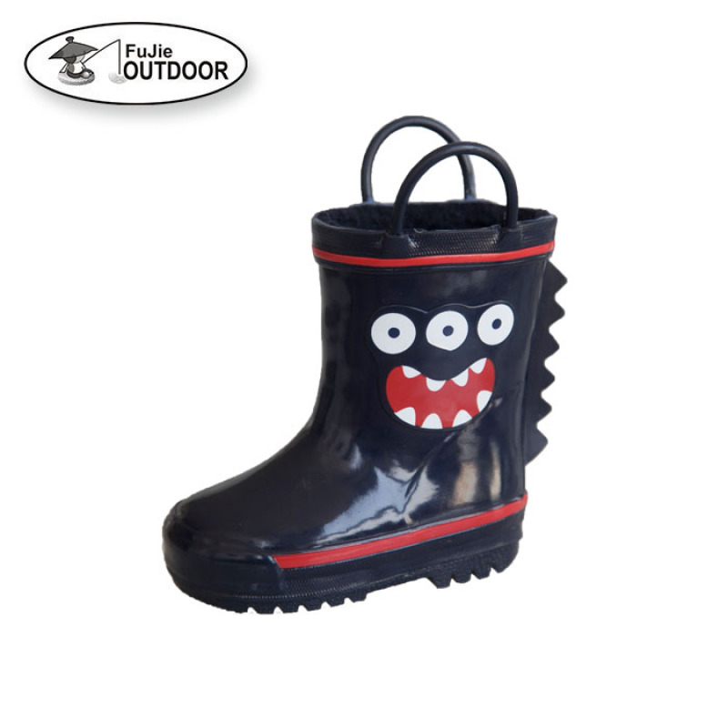 Cute Cartoon Rubber Waterproof Rain Boots with Easy-On Handles in Fun Patterns for Toddlers and Kids