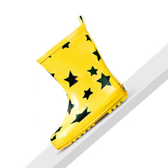 Yellow Natural Rubber Boots with Black Stars Printing for Children