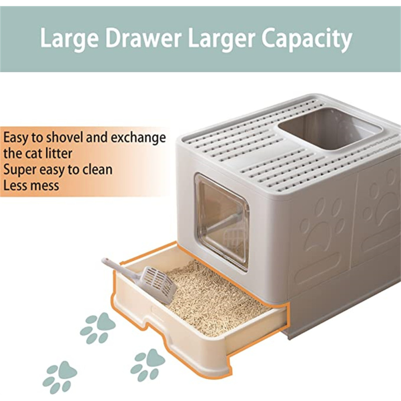 Large Top Entry Anti-Splashing Foldable Cat Litter Box Enclosed Plastic Kitty Litter Box with Drawer Type Easy Clean