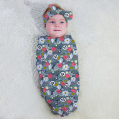 Chinese Manufactory Newborn Swaddle Sack with Baby Headband, Flower Print Soft Stretchy Cotton Newborn Photography Prop