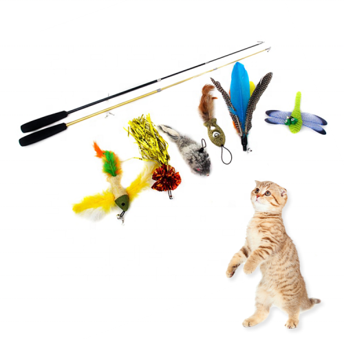 Cat Wand Feather Refills for Interactive Cat and Kitten Wands Include 2pcs 3-section fishing rods+6pcs replacement heads