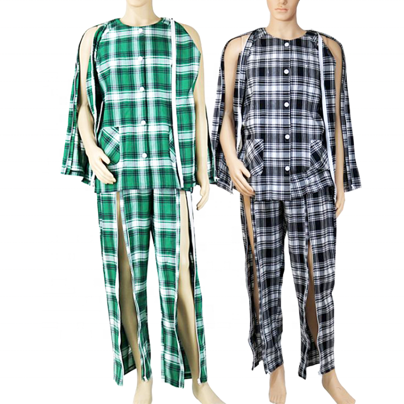 Hot sell plaid stripe pattern patient care clothes adult incontinence nursing suit set bedridden elderly clothing
