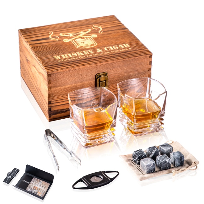Cigar cutter Whiskey cigar Glass Gift Set Whiskey Stones  Bourbon JIM BEAN Gifts for Men in wooden box