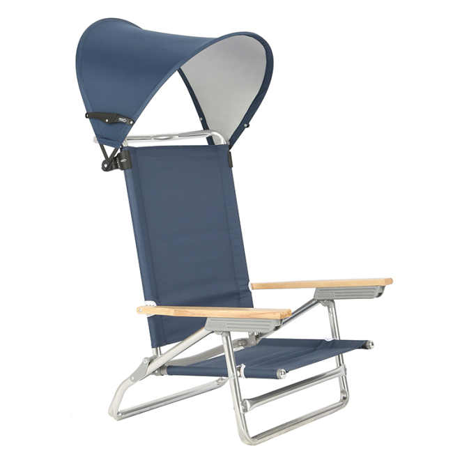 5 Position Outdoor Portable Foldable Reclining Aluminium Beach Chair with Canopy and Wooden Arms