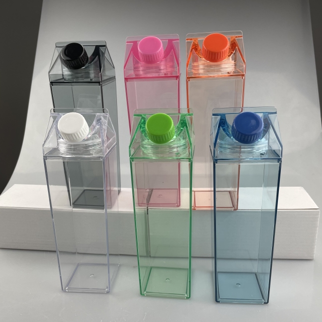 17oz BPA Free 500ml 1000ml Plastic Clear Pink Transparent Colored Acrylic Milk Box Carton Shaped Water Bottle