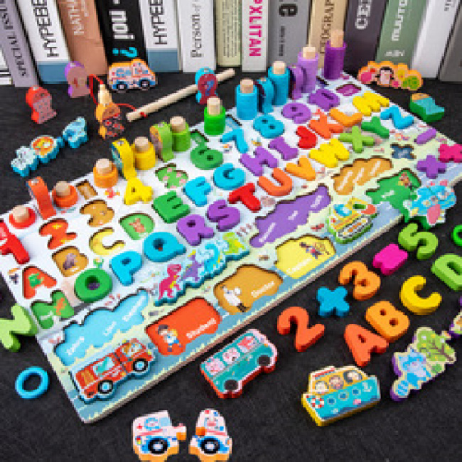 7 in 1 Children Wooden Digital Traffic Colorful Intelligence Early Education Magnetic Fishing Board Game Toy