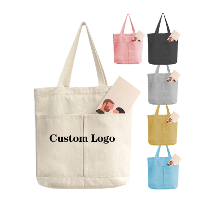 OEM Outside Pocket Canvas Cotton Shopping Bag Blank Canvas Tote Bags with Compartments Printed Custom Logo