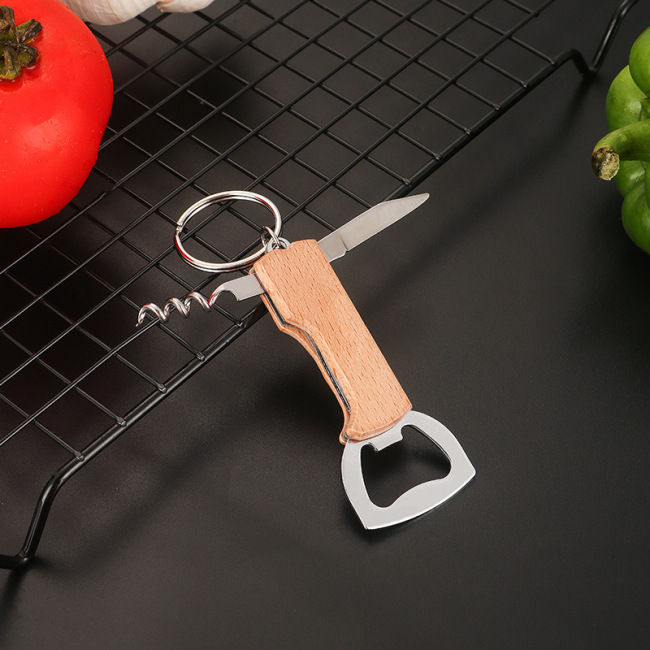 portable muti-functional metal wine opener beer bottle opener key ring with wooden handle