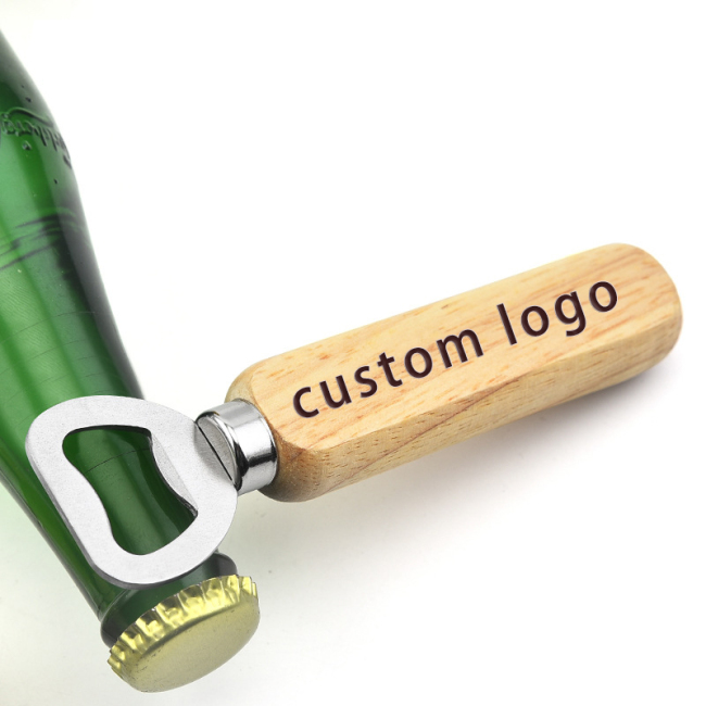 manufacturers personalized cheap stainless steel customized logo laser blank Beer Wooden handle bottle opener