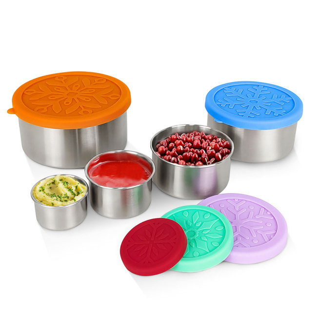 reusable Mini Small 18/8 304 Round Sauce Snacks Food Containers with leak-proof Silicone Lids