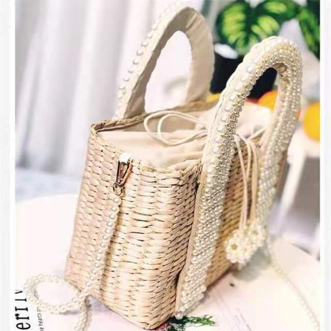 Summer Holiday Travel Makeup Beach Bag With Pearl Large Tote Straw Bag Crossbody Bag For Women