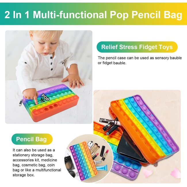 2 in 1 Large Capacity Rainbow Cute Children Kids Push Pop Bubble Fidget Sensory Toy Silicone Pop Pencil Case Women Cosmetic bags
