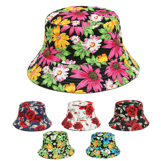 Tropical Flower Hawaiian Pattern Bucket Fitted Beach Floral Bucket Hat , Floral Printing Bucket Hat Custom Printed Bucket Hats