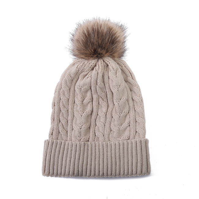 High quality Wool decoration thickened winter warm plain color women's knitted acrylic warm beanie hat