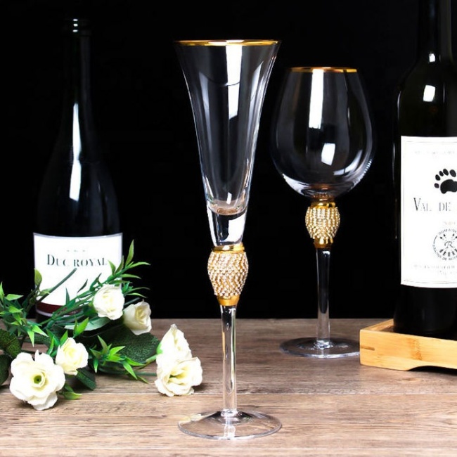 Amazon Hot Sale Drinkware Champagne Flutes Rhinestone Studded Toasting Glasses With Gold Rim Elegant Wine Glass For Wedding