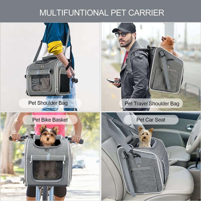 Dog Bike Basket, Expandable Soft-Sided Pet Carrier Backpack with 4 Open Doors, 4 Mesh Windows for Medium Dog Cat Puppies