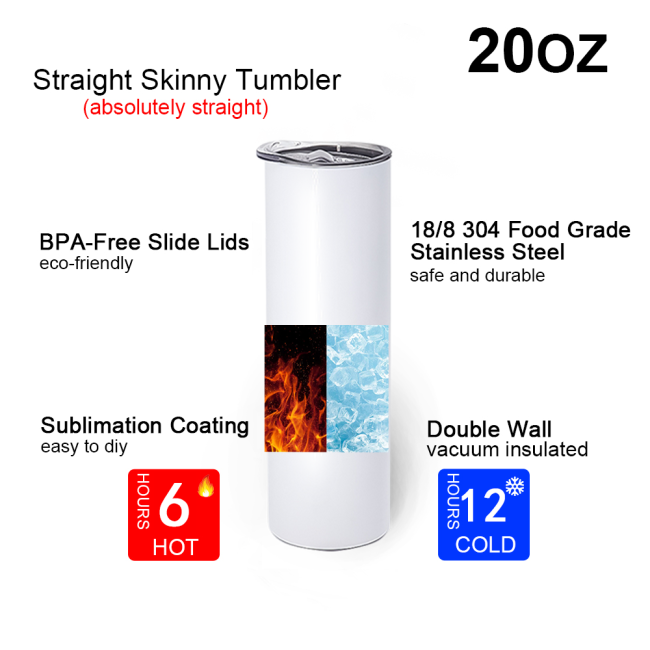 US warehouse wholesale white Sublimation blanks 20oz 30oz Stainless Steel Double Wall skinny straight sublimation tumbler