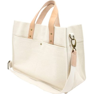 Durable Leather Handle Natural Beige Natural Cotton Canvas Shopping Tote Bag  With Crossbody Strap Multiple Pockets