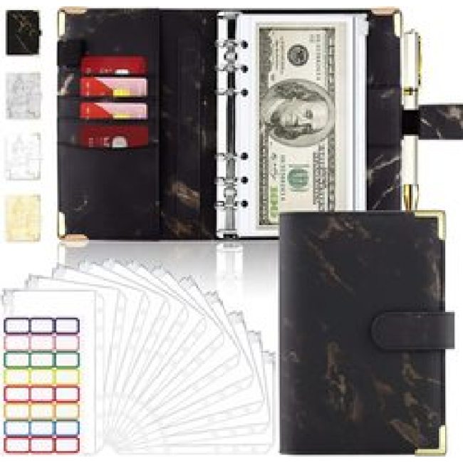 A6 PU Leather Marble Notebook Binder Budget Planner Money Organizer for Ledger Savings with 12 Zipper Envelope Pockets Stickers