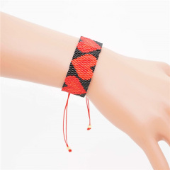BG1039 Women Boho Miyuki Seed Loom Beaded Red Love Heart Pattern Cuff Bracelet