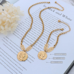 Simple Tarnish Free18k Gold Plated Stainless Steel Coin Necklace & Bracelet with Tassel Chain Jewelry Sets