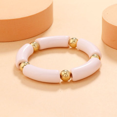 BA2008 Fashion Resin Acrylic  Bamboo Curved Tube Beaded with Gold Accents Stacking bracelet Bangle