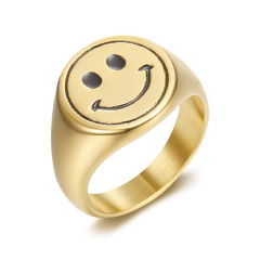 RS1025 High Quality Non Tarnish Unisex 18k Gold Plated Stainless Steel Smiley Signet Womens Mens Rings for Couple