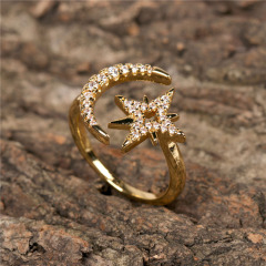 RM1151 simple open 18k gold plated cubic zirconia cz  zircon crescent moon and star celestial triple stacking rings for women