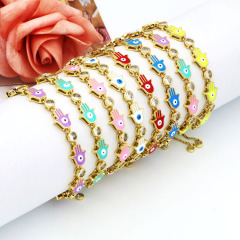 BC1391 Adjustable Dainty 18k Gold Plated Rainbow Enamel Multi Colored Hamsa Hand with Eye and CZ Spiritual Chain Slide bracelets