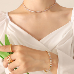 Non Tarnish 18k Gold Plated Stainless Steel Diamond CZ Zircon Tennis Collar Necklace and Bracelet Jewelry Set