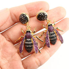 EC1133 Hot Sale CZ Micro Pave Dangle Drop Stud Honey Bee Earring,Gold Filled Insect Animal Earring