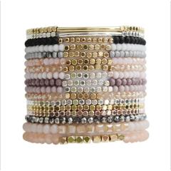 BM1010 Delicate Fine Crystal Beads with Gold Stacking Bracelets, Dainty Tiny Gold Silver Cube Bead Elastic Bracelets for Women