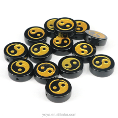 AB0681 Black Agate Stone Gold Painted Tai Chi Yin Yang Coin Beads