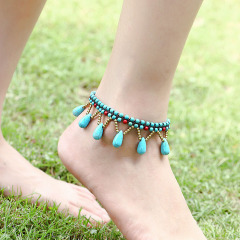 Vintage Handmade Turquoise and Non Tarnish Bronze Beaded Macrame Anklets Jewelry, Boho Bohemian Ankle Bracelet  for Girls Women