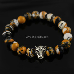 BRA1214 Fashion hot selling tiger skin beaded silver leopard head bracelet for men